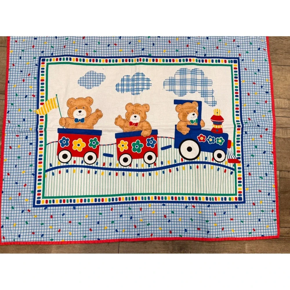 Vintage Baby Nursery Quilt Teddy Bear Train Primary Colors Blue Red 34x42